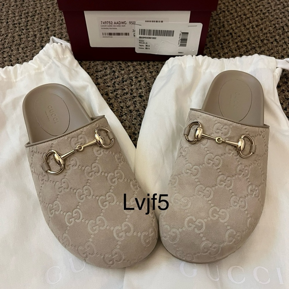 Gucci Taupe Mules with Gold Detail